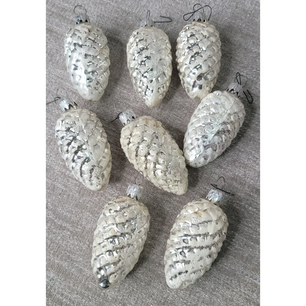 Set of 8 Vintage Mercury Glass Snowy Pinecone Christmas Ornaments Silver White